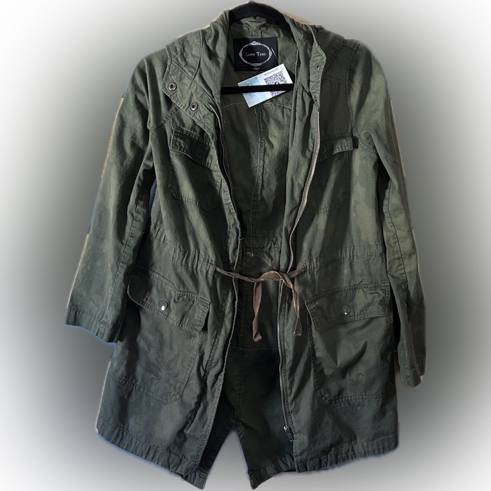 Olive Green Utility Jacket with Peace Sign Boho Flower Child. - Picture 3 of 3